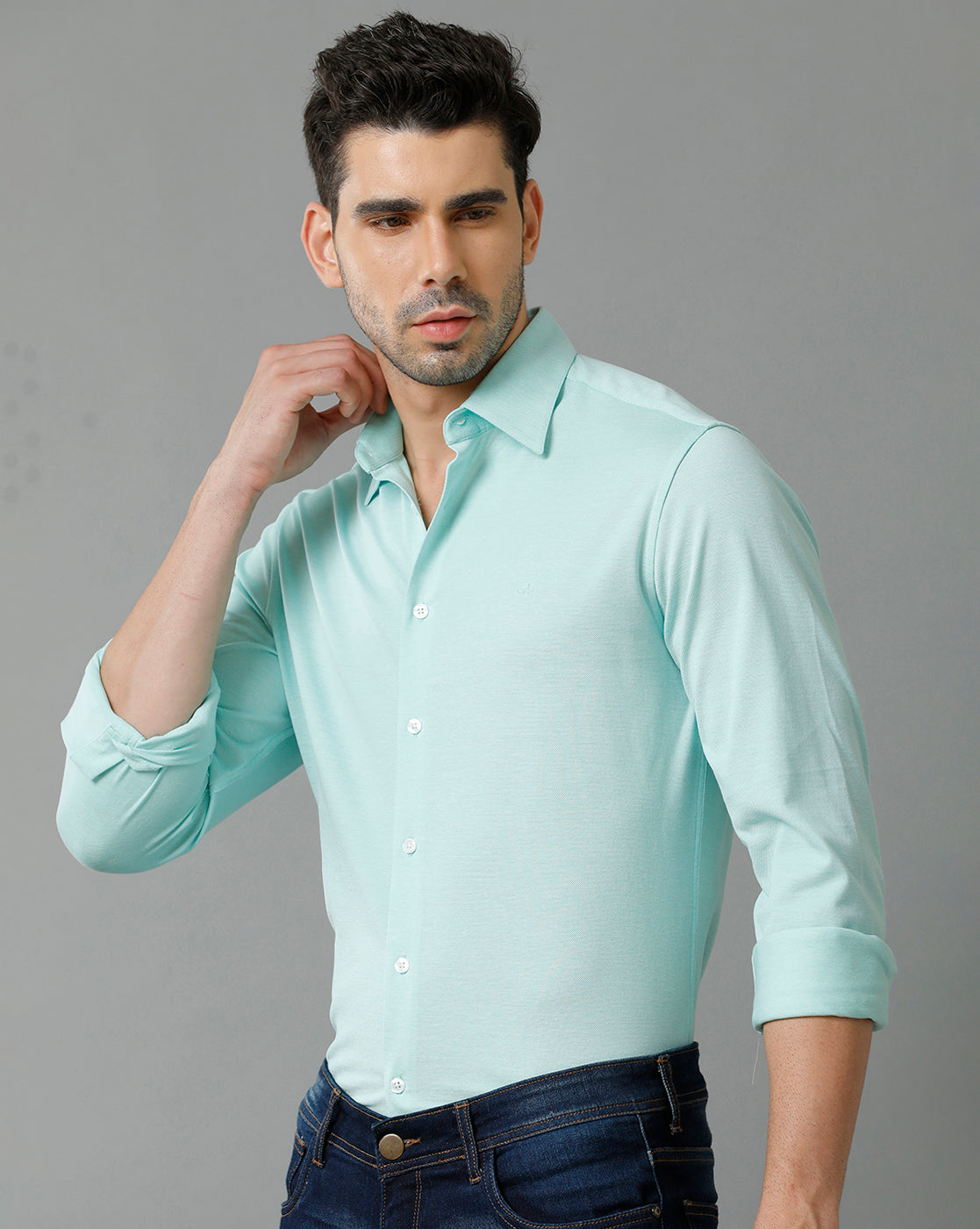 Aldeno Mens Regular Fit Solid Blue Casual Knitted Cotton Shirt (CARNE)