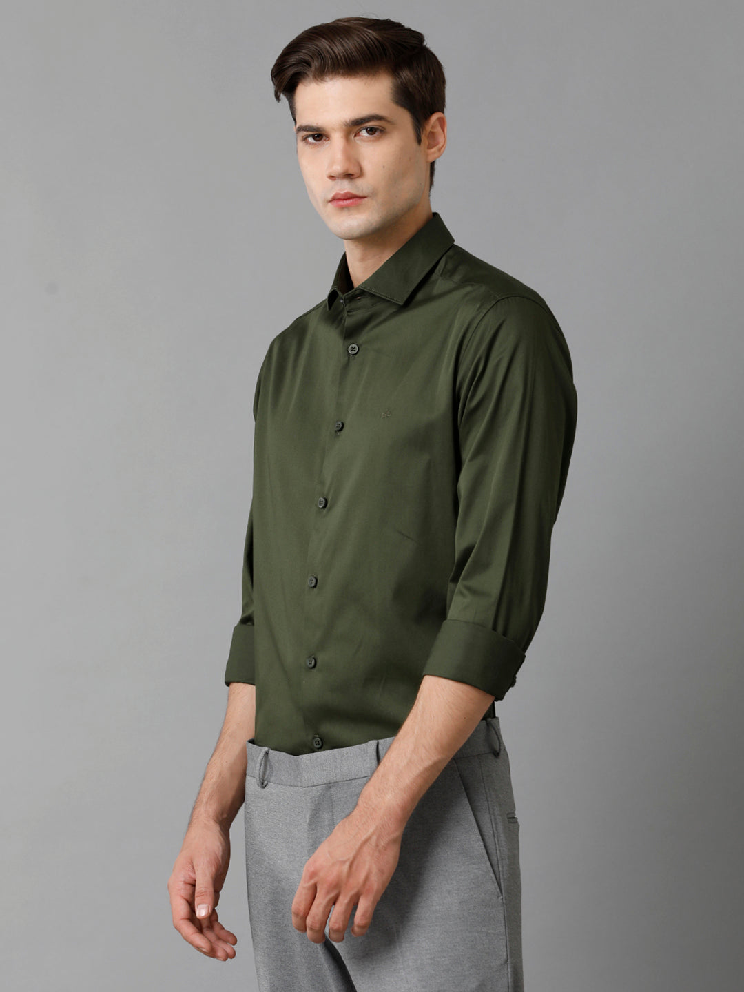 Aldeno Mens Regular Fit Solid Olive Green Formal Satin Shirt (SAUOL)