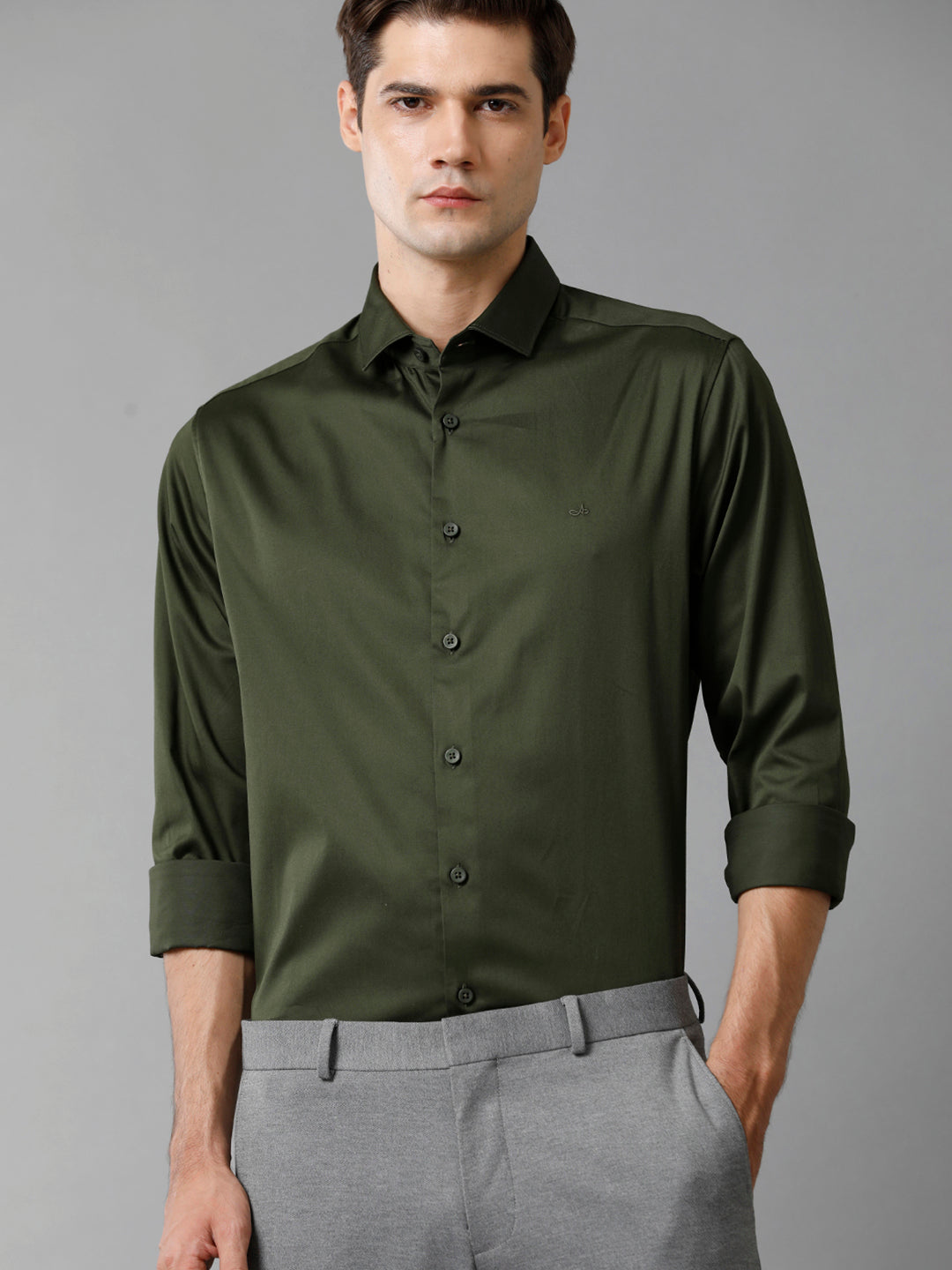 Aldeno Mens Regular Fit Solid Olive Green Formal Satin Shirt (SAUOL)