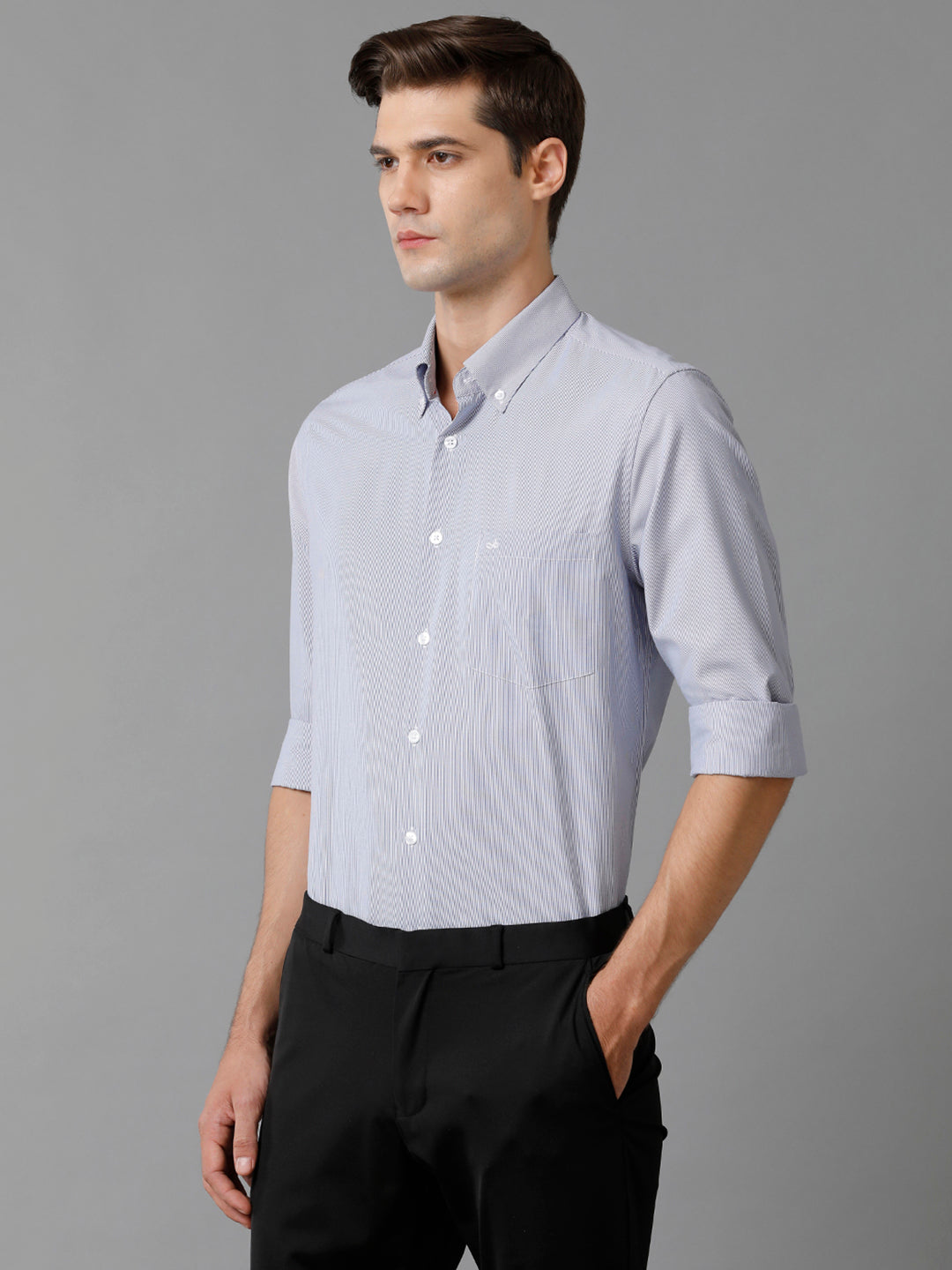 Aldeno Mens Slim Fit Vertical Stripes Navy Blue Formal Cotton Shirt (CAVAN)