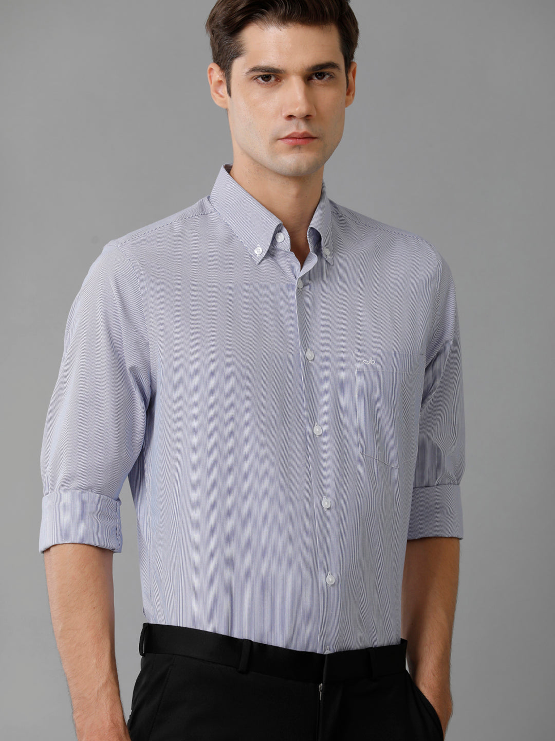 Aldeno Mens Slim Fit Vertical Stripes Navy Blue Formal Cotton Shirt (CAVAN)