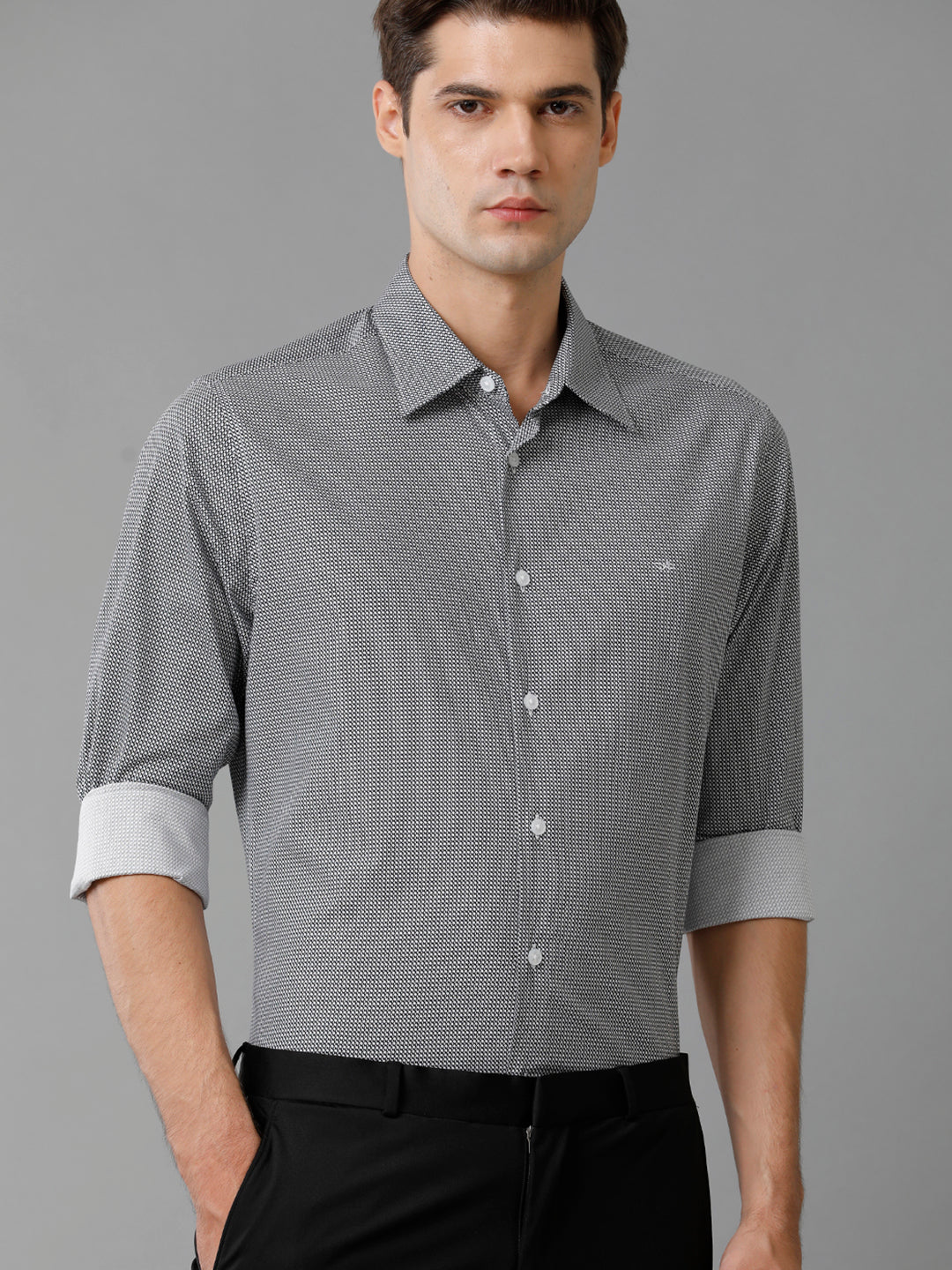 Aldeno Mens Slim Fit Black/White Geometric Print Casual Cotton Stretch Shirt (PIBAK)