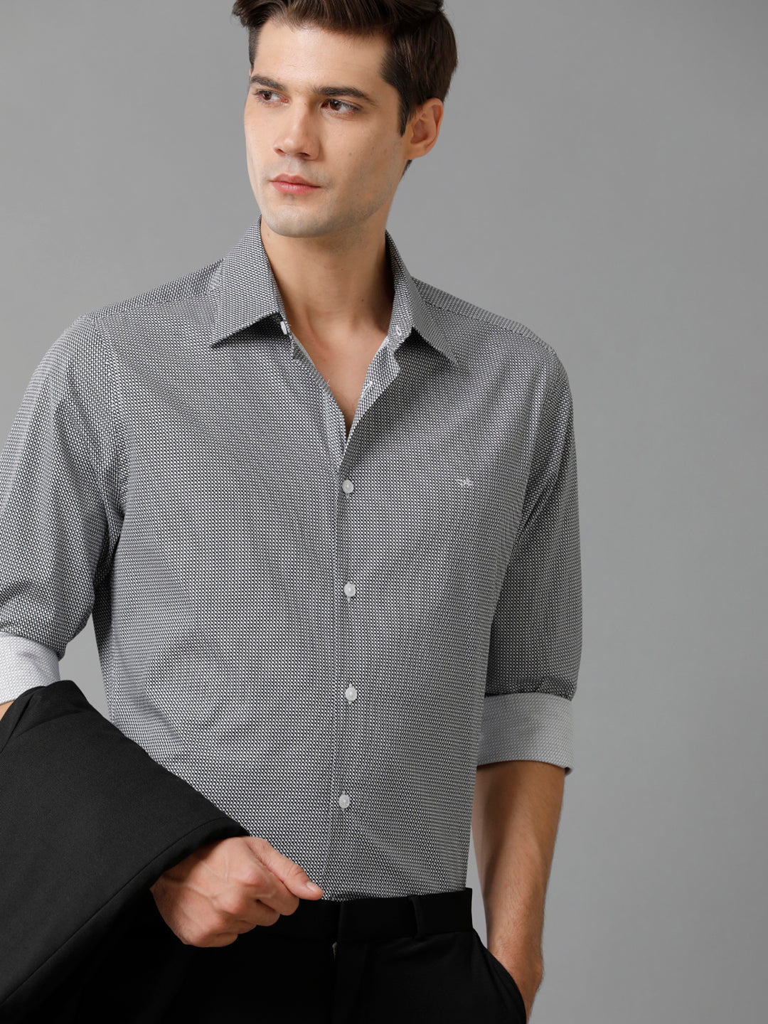 Aldeno Mens Slim Fit Black/White Geometric Print Casual Cotton Stretch Shirt (PIBAK)