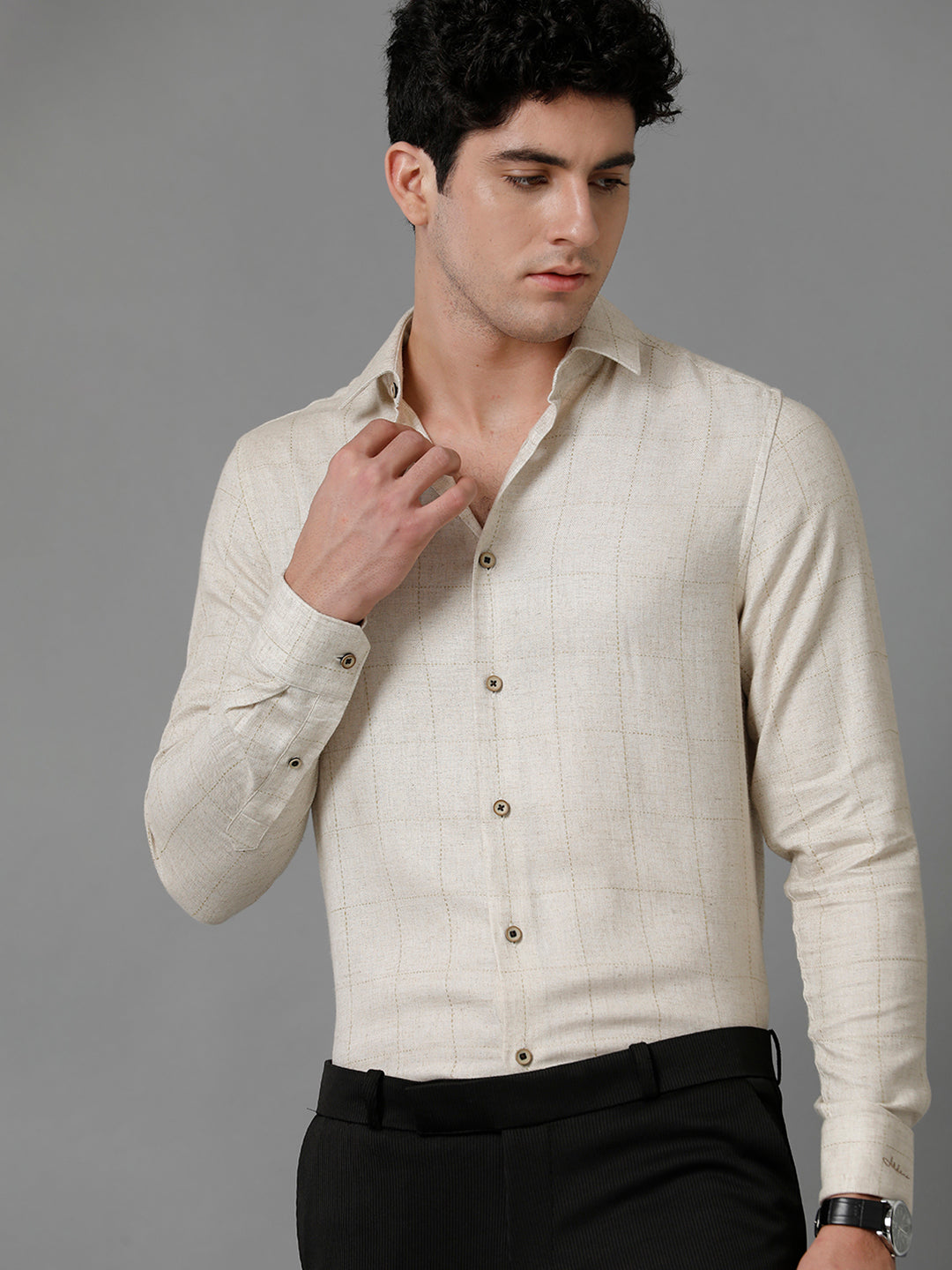 Aldeno Mens Slim Fit Check Off White/Beige Casual Linen Blend Shirt (BECEK)