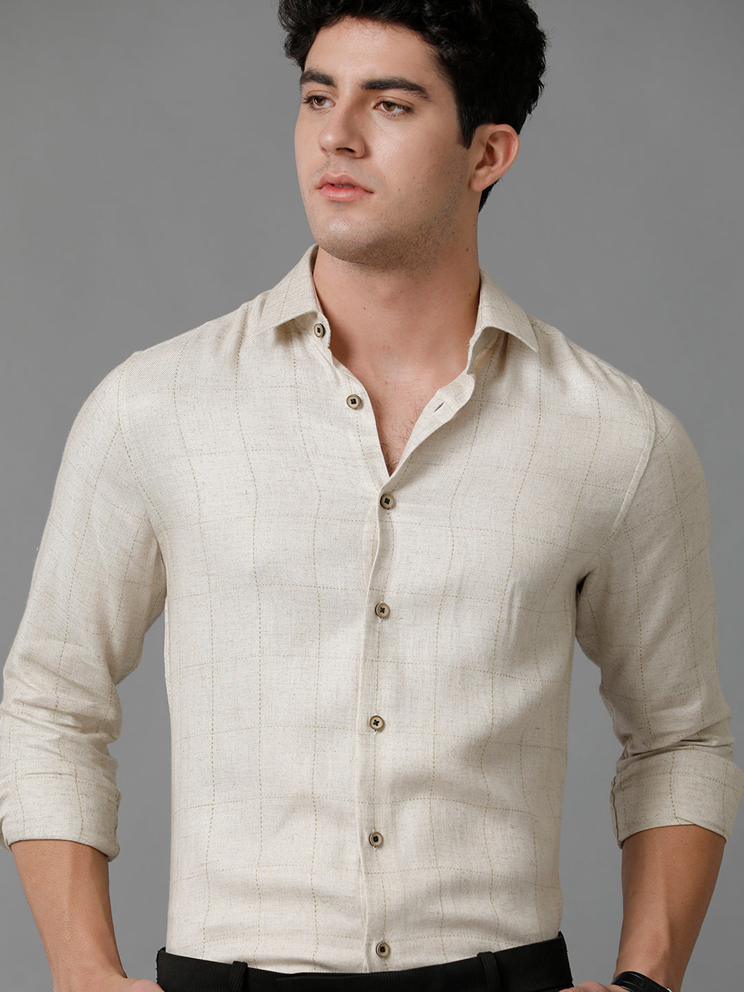 Aldeno Mens Slim Fit Check Off White/Beige Casual Linen Blend Shirt (BECEK)