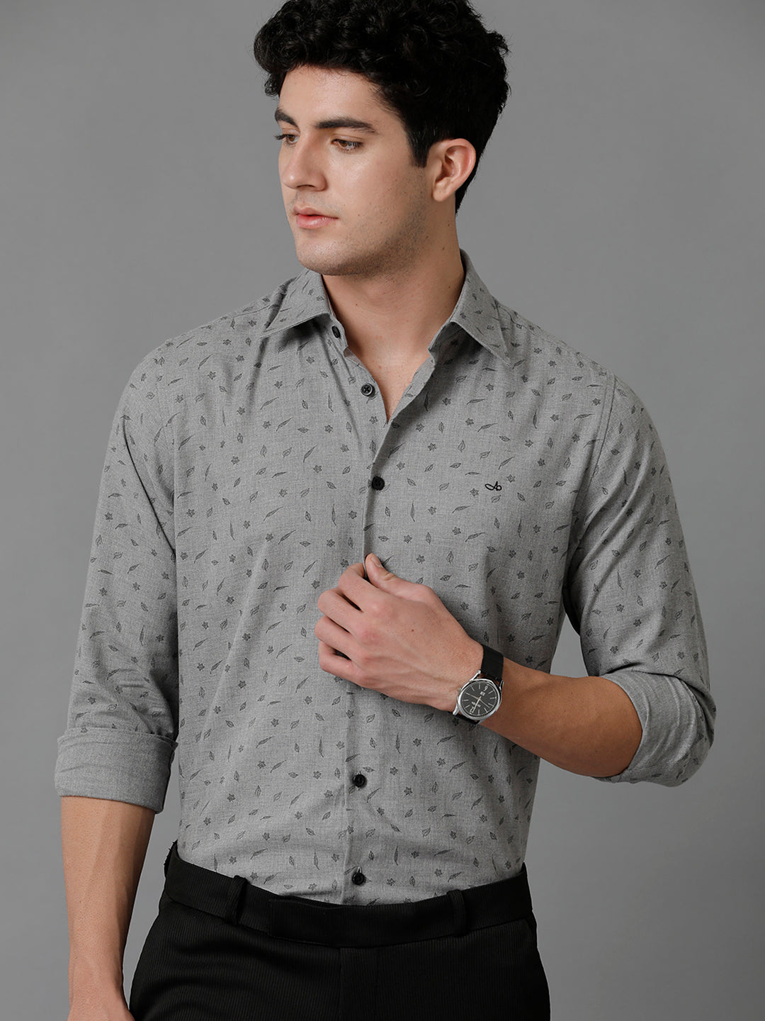 Aldeno Mens Regular Fit Floral Aop Grey/Black Casual Cotton Shirt (BLAGAY)