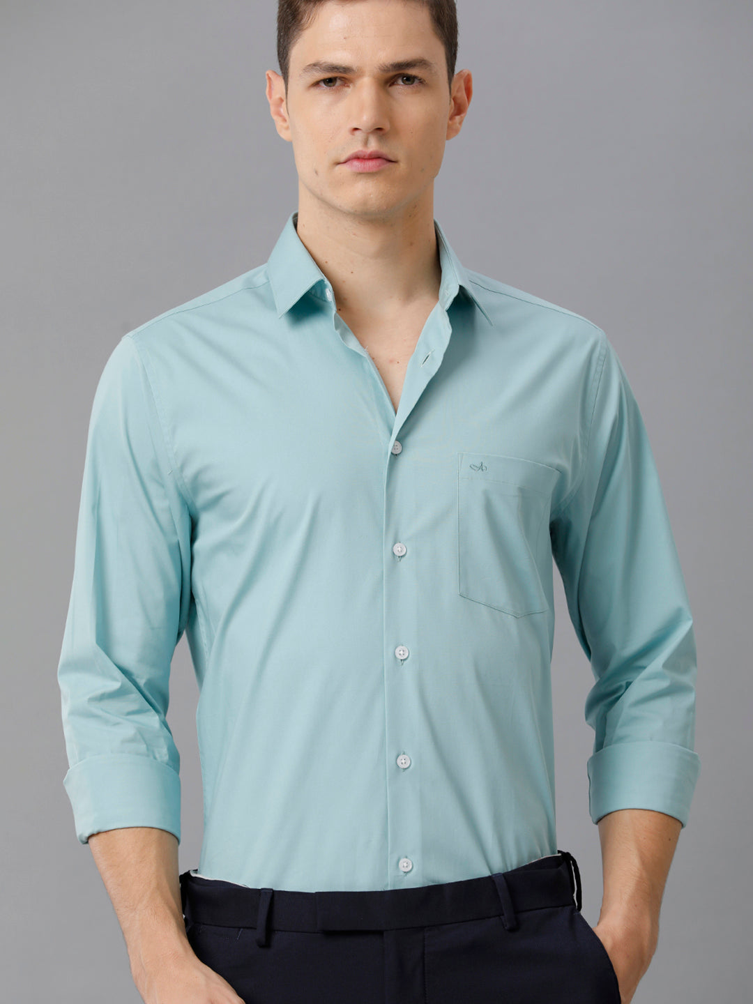 Aldeno Mens Slim Fit Solid Teal Formal Cotton Stretch Shirt (CASON)