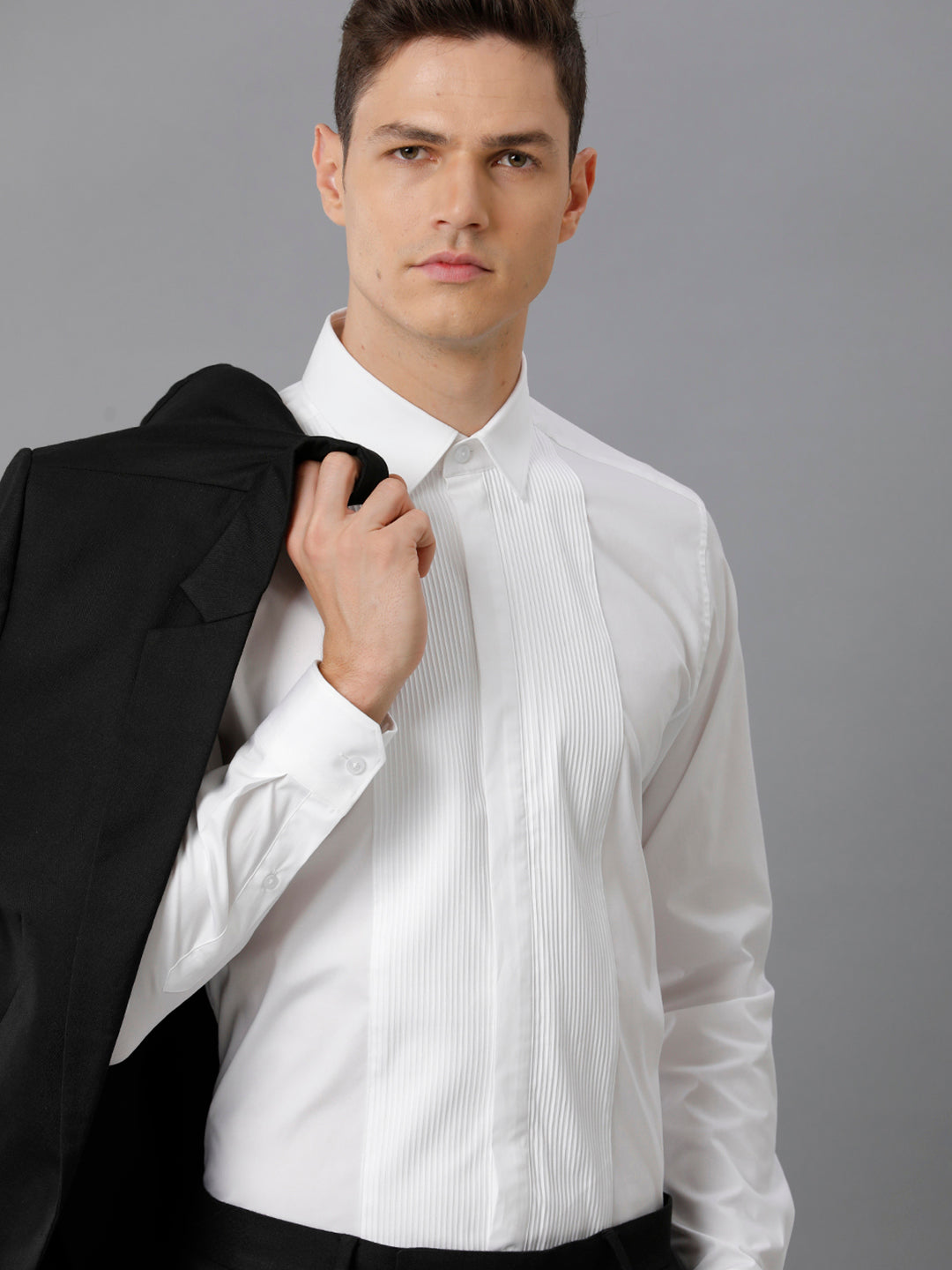 Aldeno Mens Slim Fit White Formal Cotton Stretch Bib Shirt (CORE)