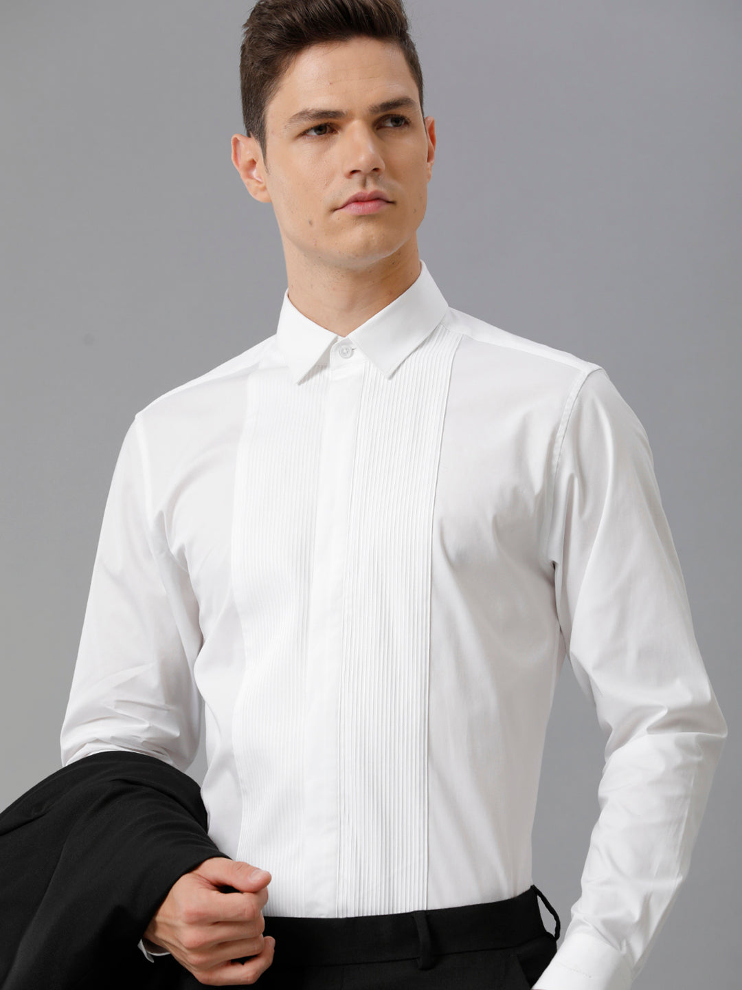 Aldeno Mens Slim Fit White Formal Cotton Stretch Bib Shirt (CORE)