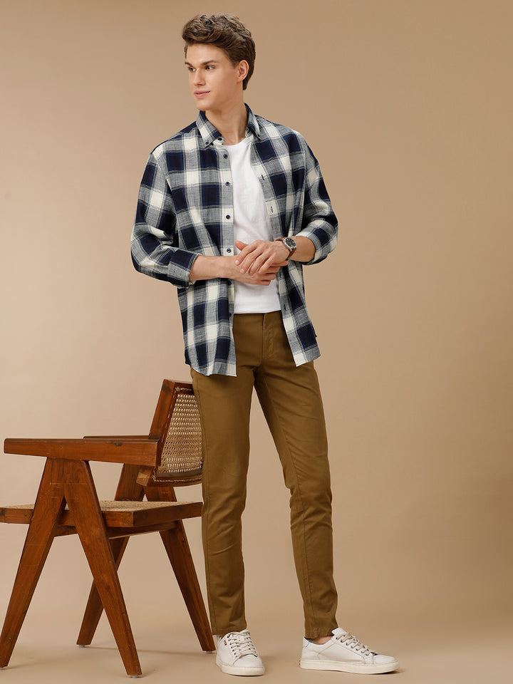 Aldeno Men Regular Fit Navy/White Check Casual Cotton Shirt (ENZO)