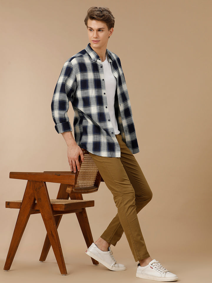 Aldeno Men Regular Fit Navy/White Check Casual Cotton Shirt (ENZO)