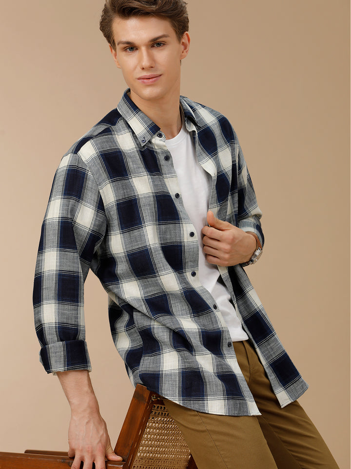Aldeno Men Regular Fit Navy/White Check Casual Cotton Shirt (ENZO)