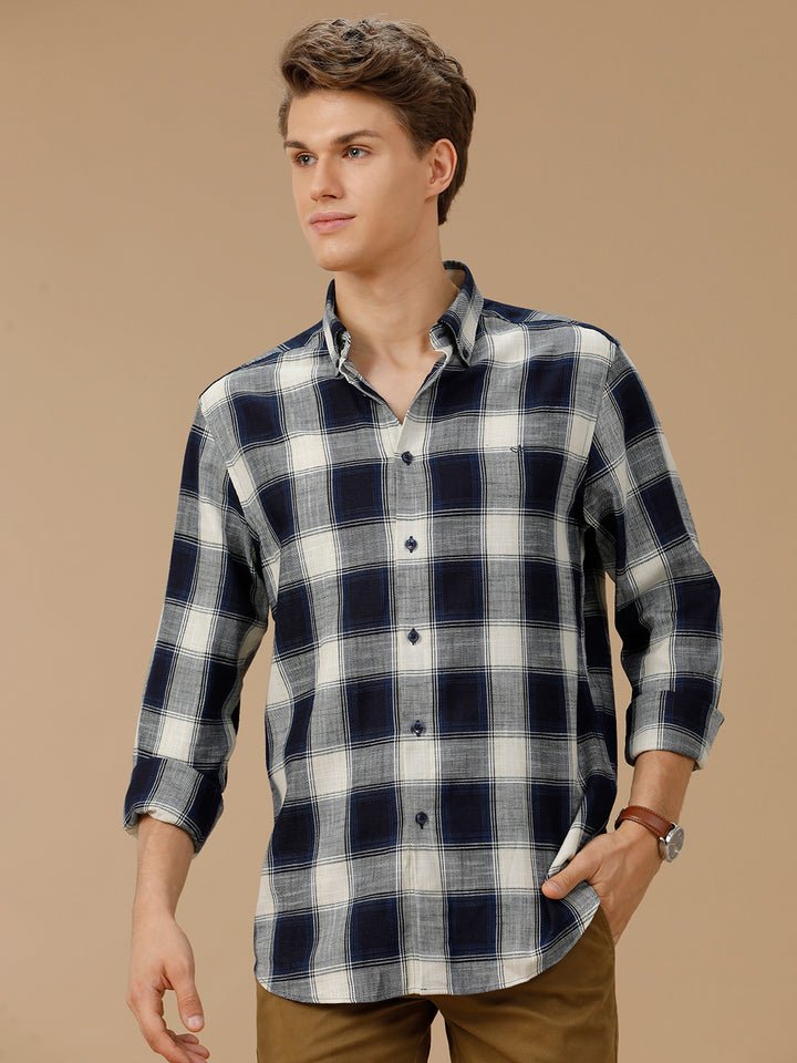Aldeno Men Regular Fit Navy/White Check Casual Cotton Shirt (ENZO)