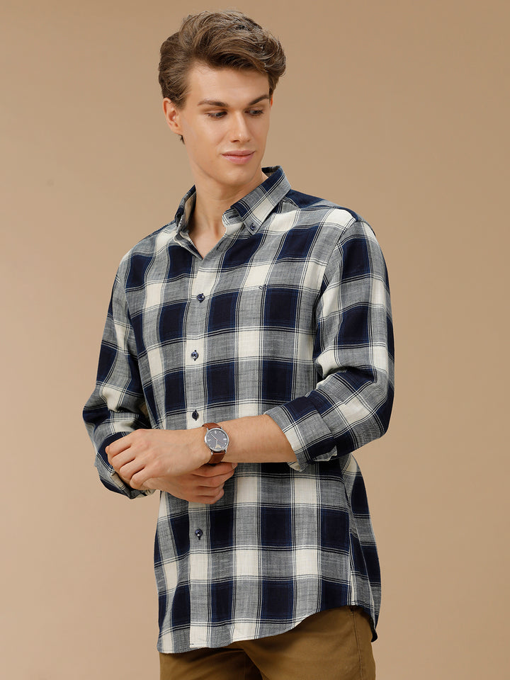 Aldeno Men Regular Fit Navy/White Check Casual Cotton Shirt (ENZO)