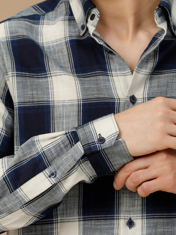 Aldeno Men Regular Fit Navy/White Check Casual Cotton Shirt (ENZO)
