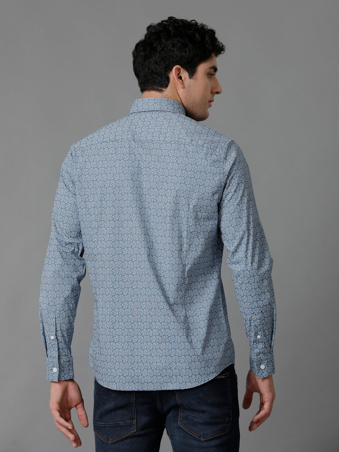 Aldeno Mens Slim Fit Abstract Aop Steel Blue Cotton Blend Stretch Shirt (TIZIO)