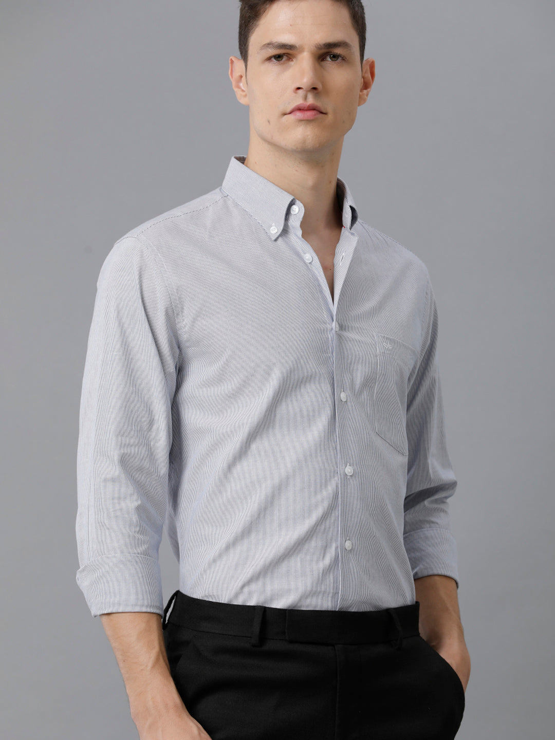 Aldeno Mens Slim Fit Vertical Stripes Blue Formal Cotton Shirt (CATIN)