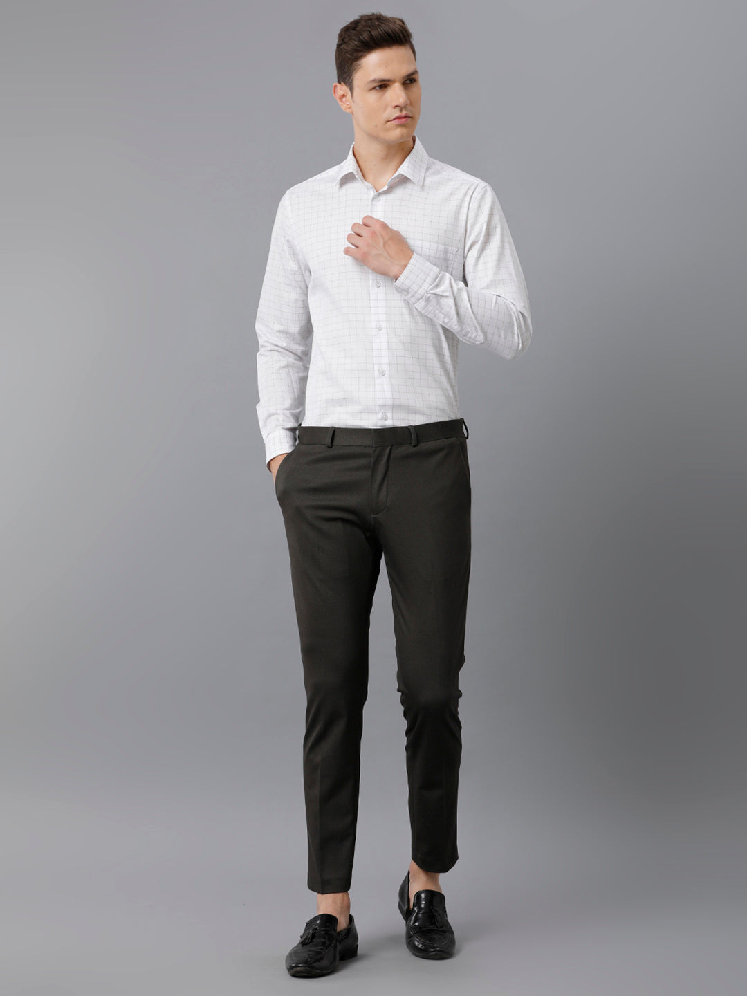 Aldeno Mens Slim Fit White/Olive Green Check Formal Cotton Shirt (FOCEK)