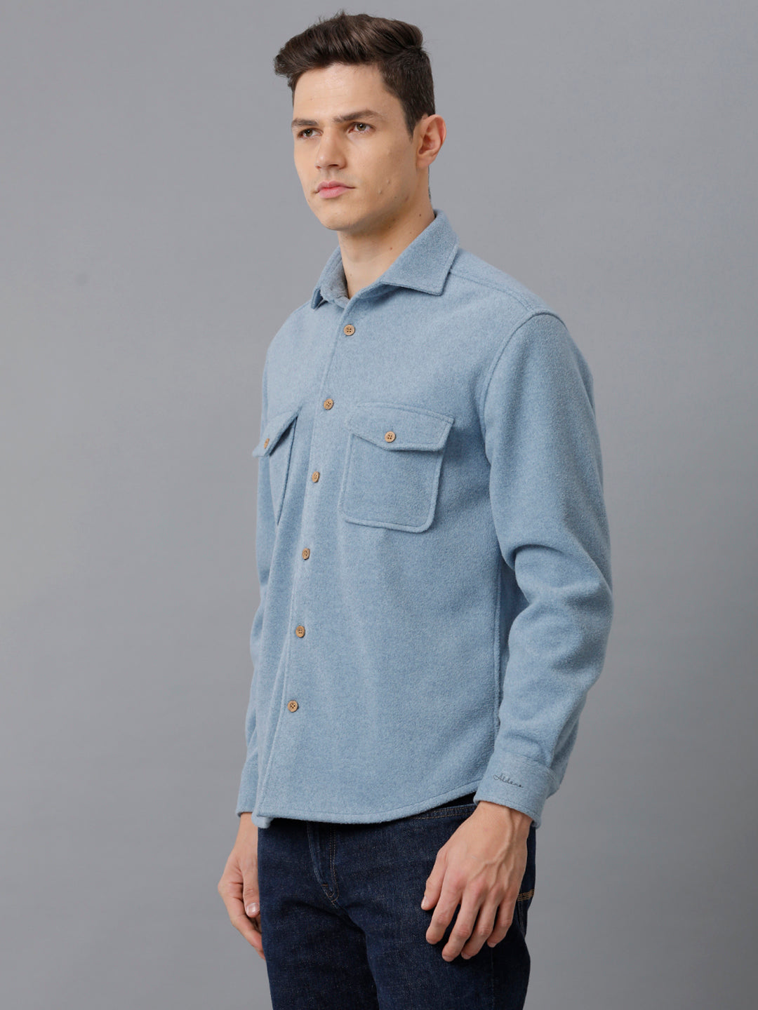 Aldeno Mens Regular Fit Solid Blue Casual Viscose Flannel Shacket (FINCH)