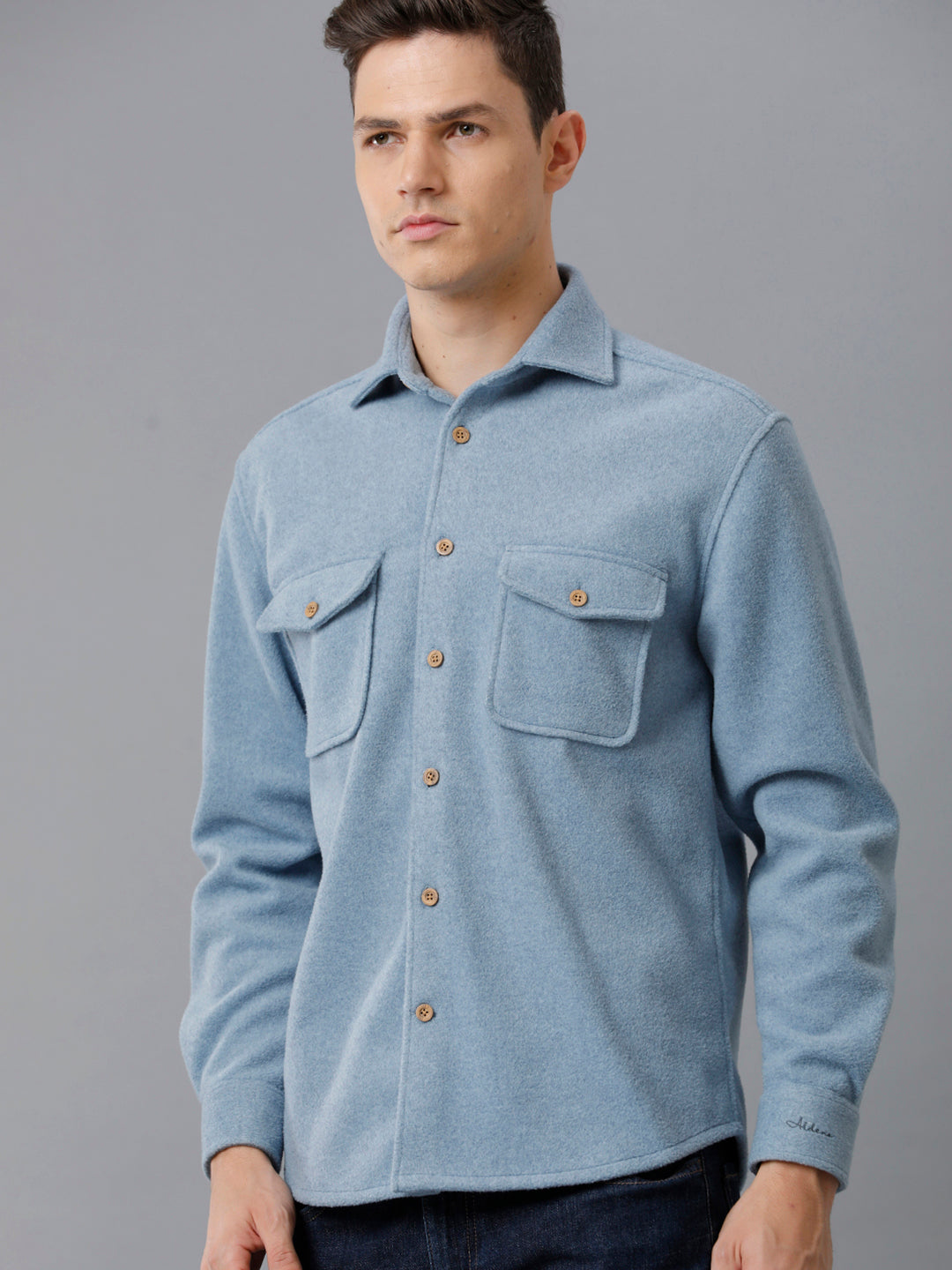 Aldeno Mens Regular Fit Solid Blue Casual Viscose Flannel Shacket (FINCH)