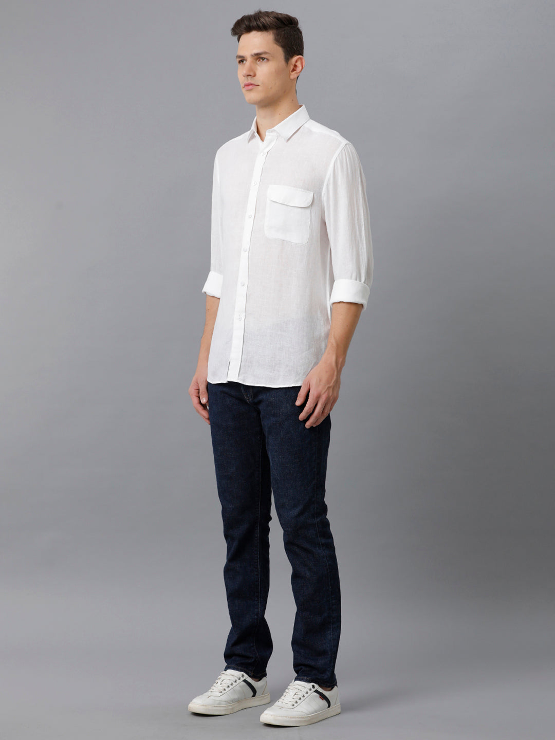 Aldeno Mens Regular Fit Solid White Casual Linen Shirt (LINNO)