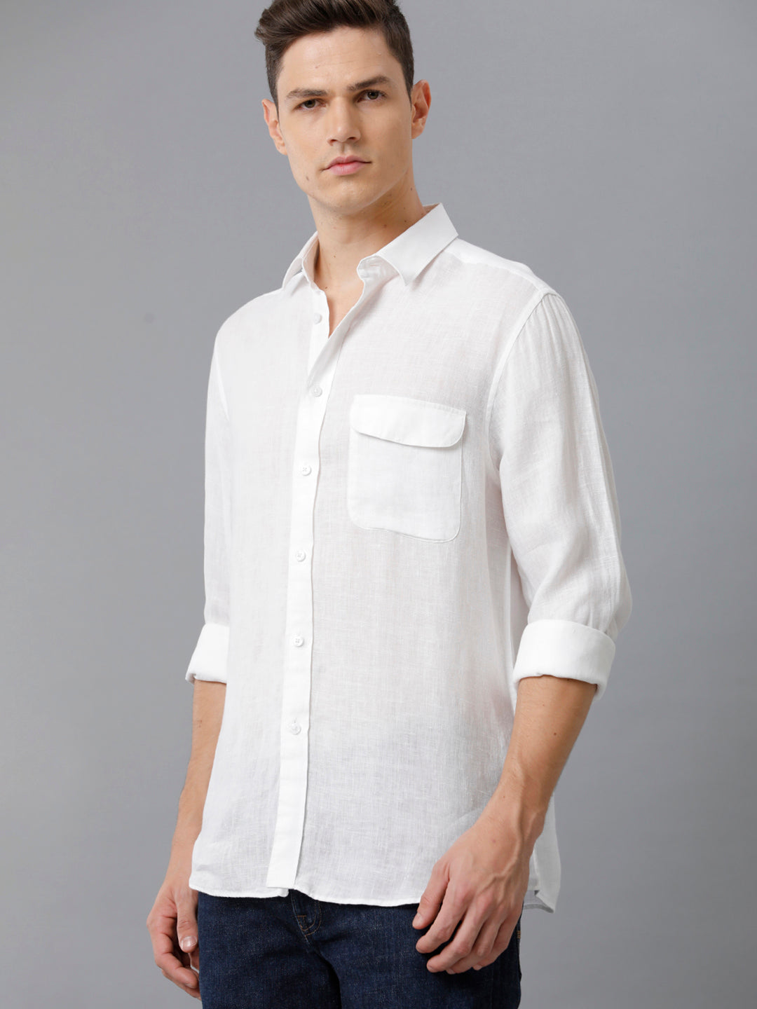 Aldeno Mens Regular Fit Solid White Casual Linen Shirt (LINNO)