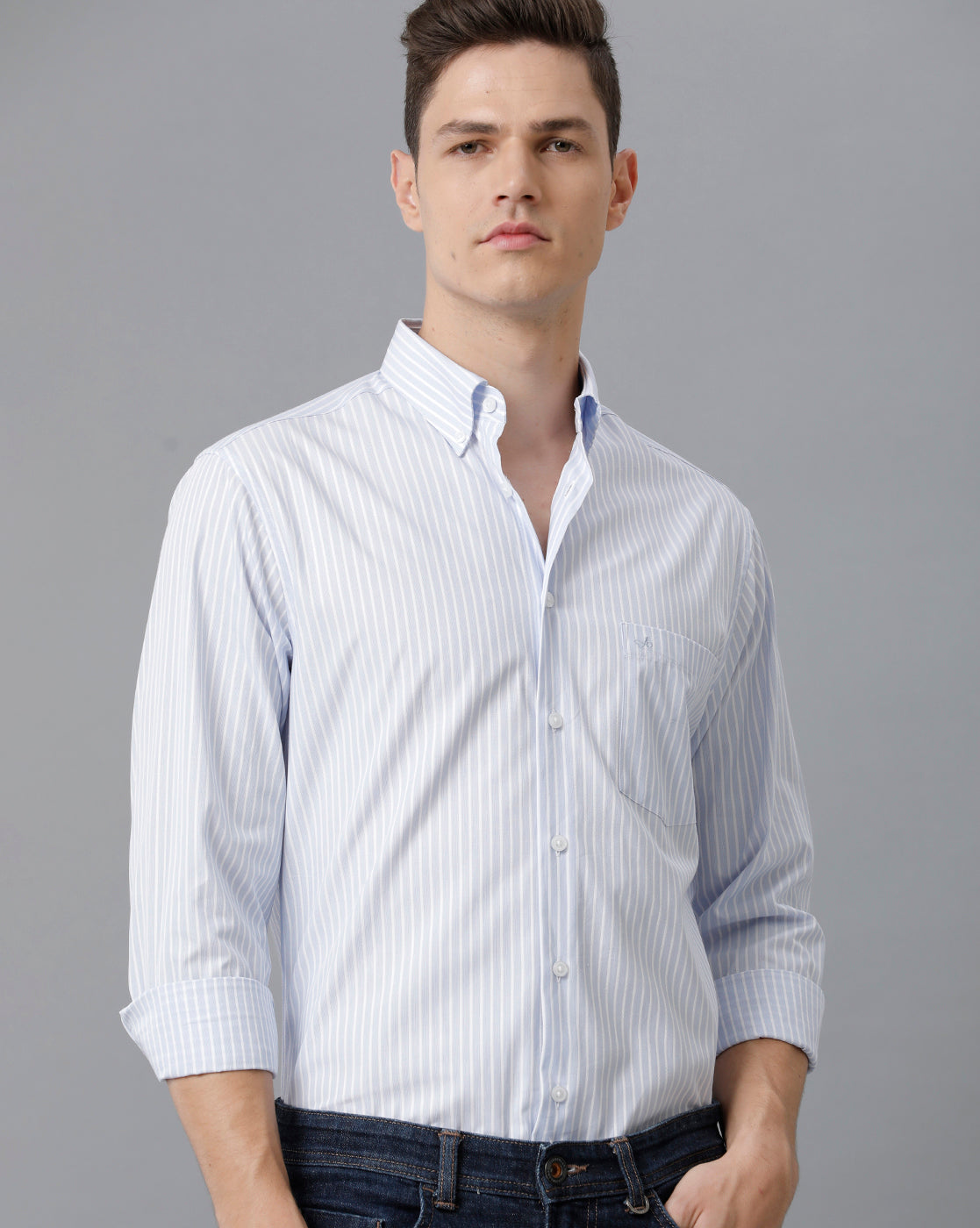 Aldeno Mens Stripes Formal Blue Shirt For Men