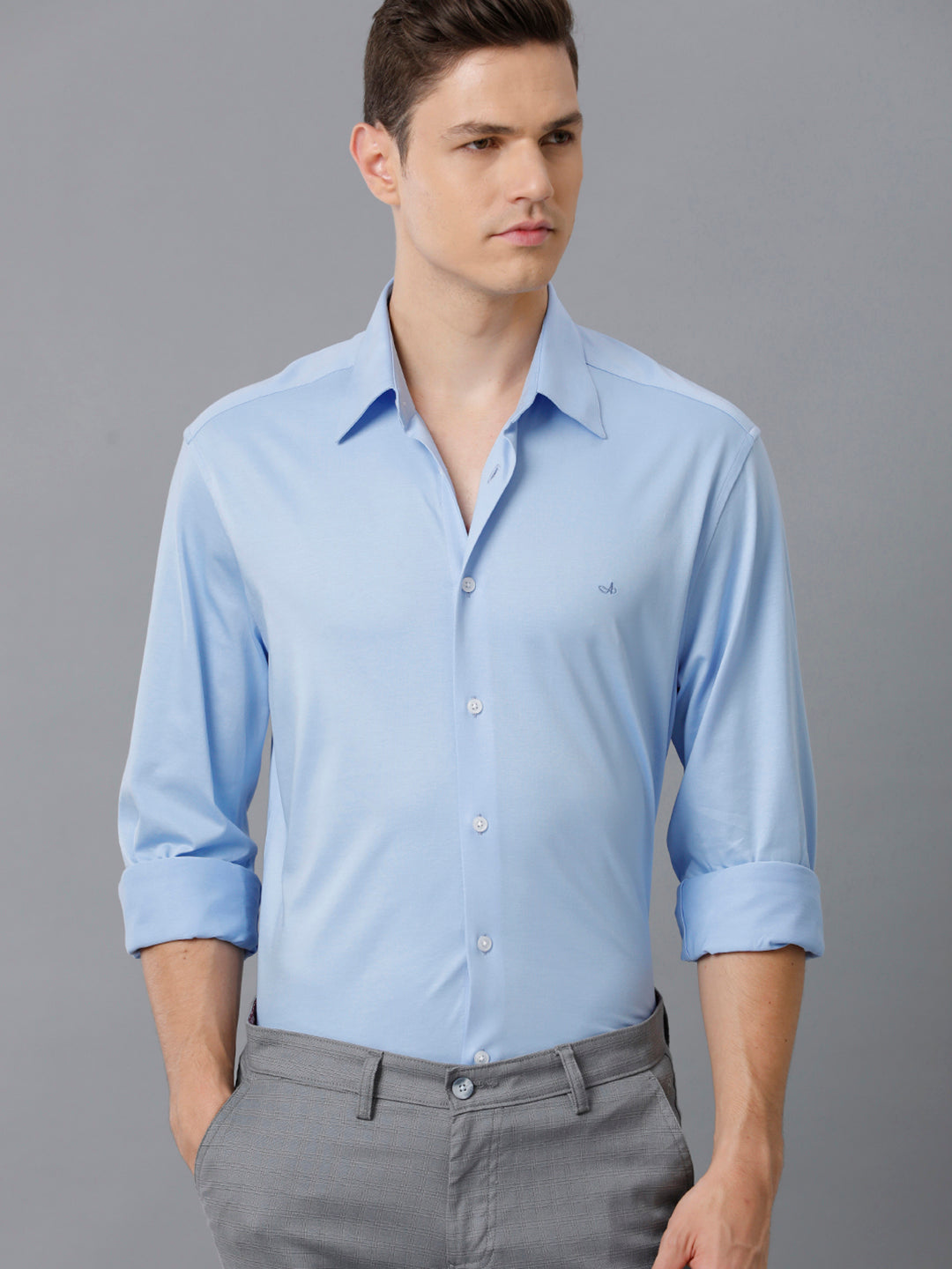 Aldeno Mens Regular Fit Solid Blue Casual Knitted Cotton Shirt (CARY)