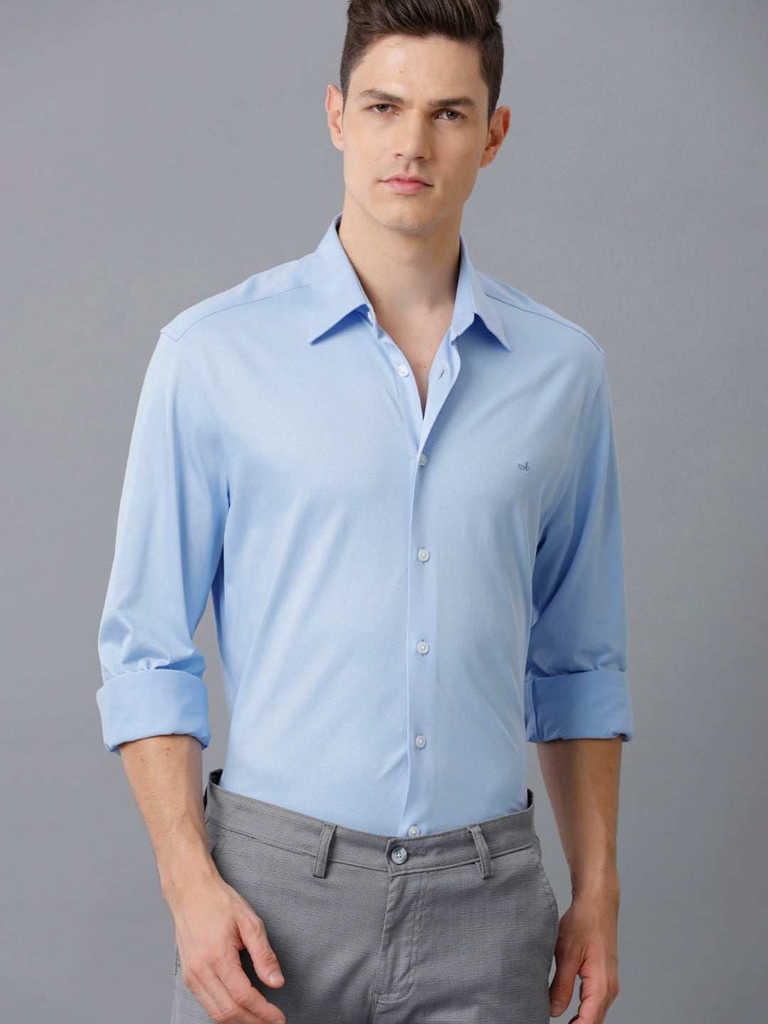 Aldeno Mens Regular Fit Solid Blue Casual Knitted Cotton Shirt (CARY)