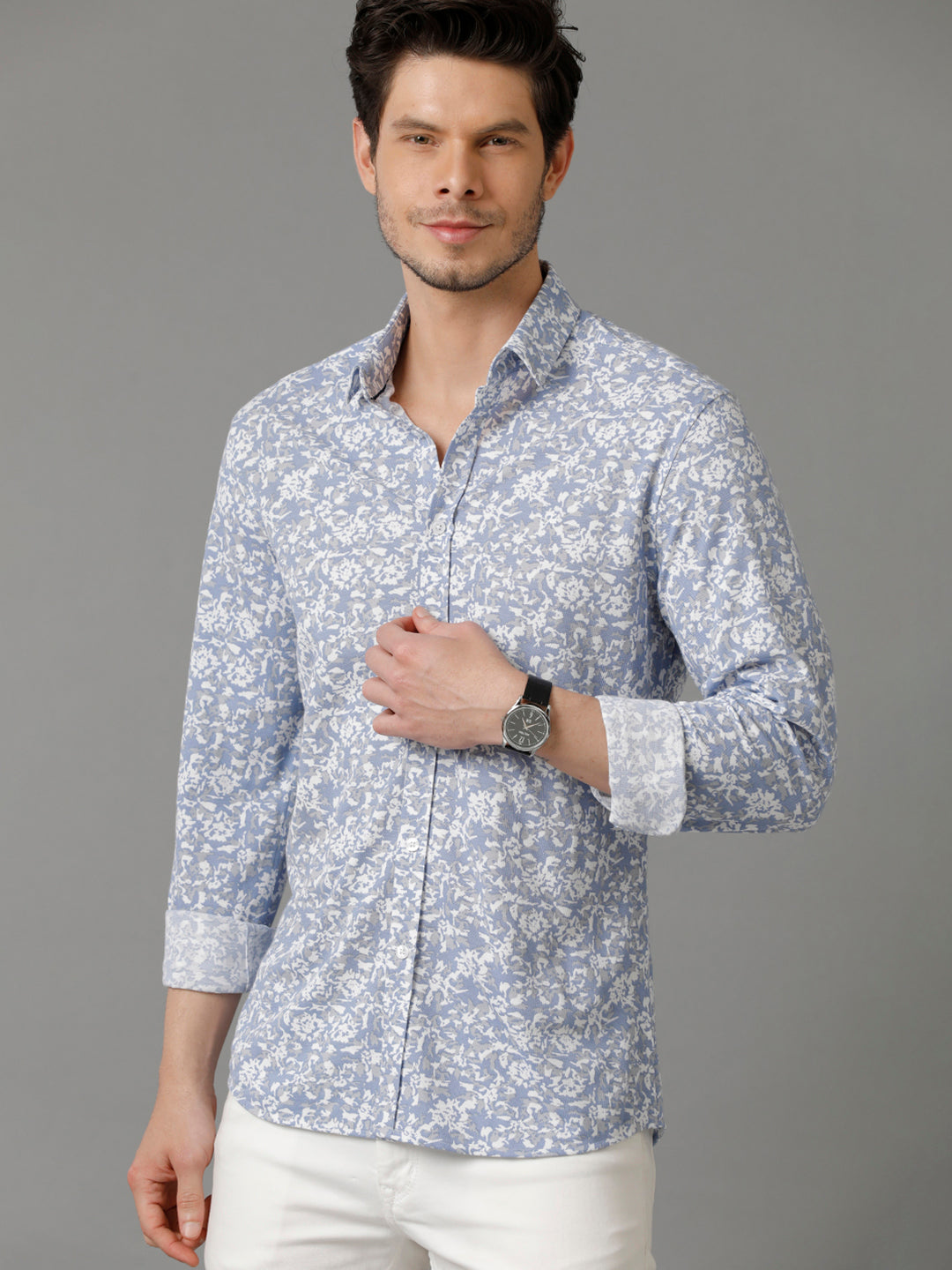 Aldeno Mens Regular Fit Abstract Print White Casual Knitted Cotton Shirt (CLAVE)