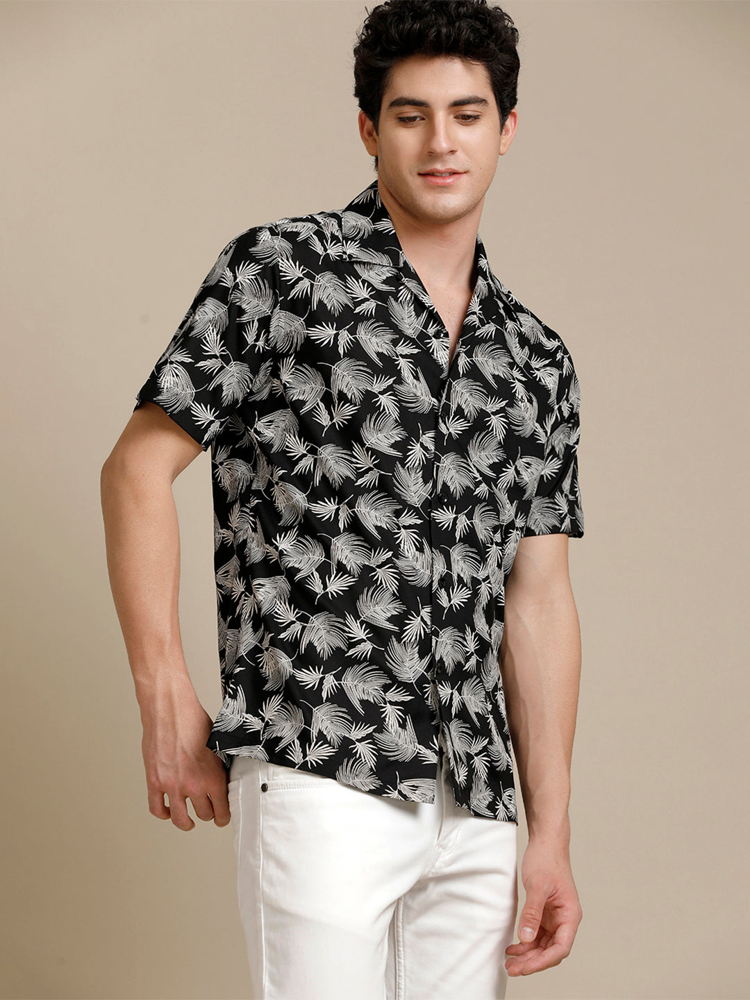Aldeno Mens Regular Fit Floral Aop Black/White Casual Rayon Shirt (CUBAK)