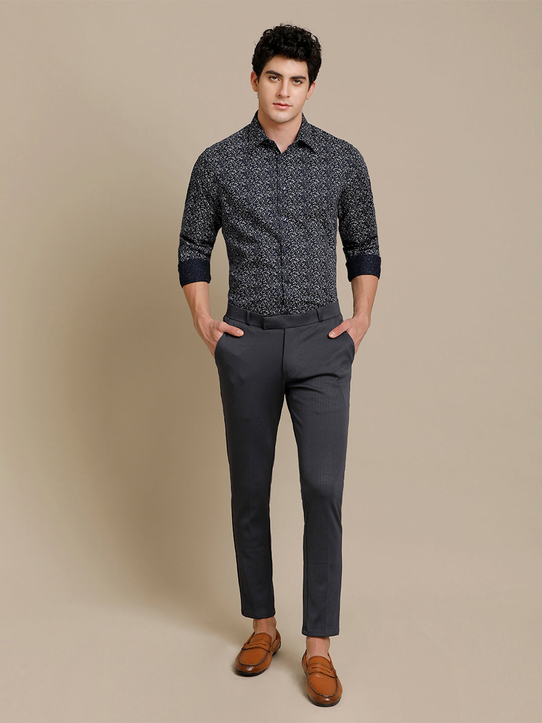 Aldeno Mens Regular Fit Abstract Dark Blue/Grey Casual Cotton Shirt (POWAT)