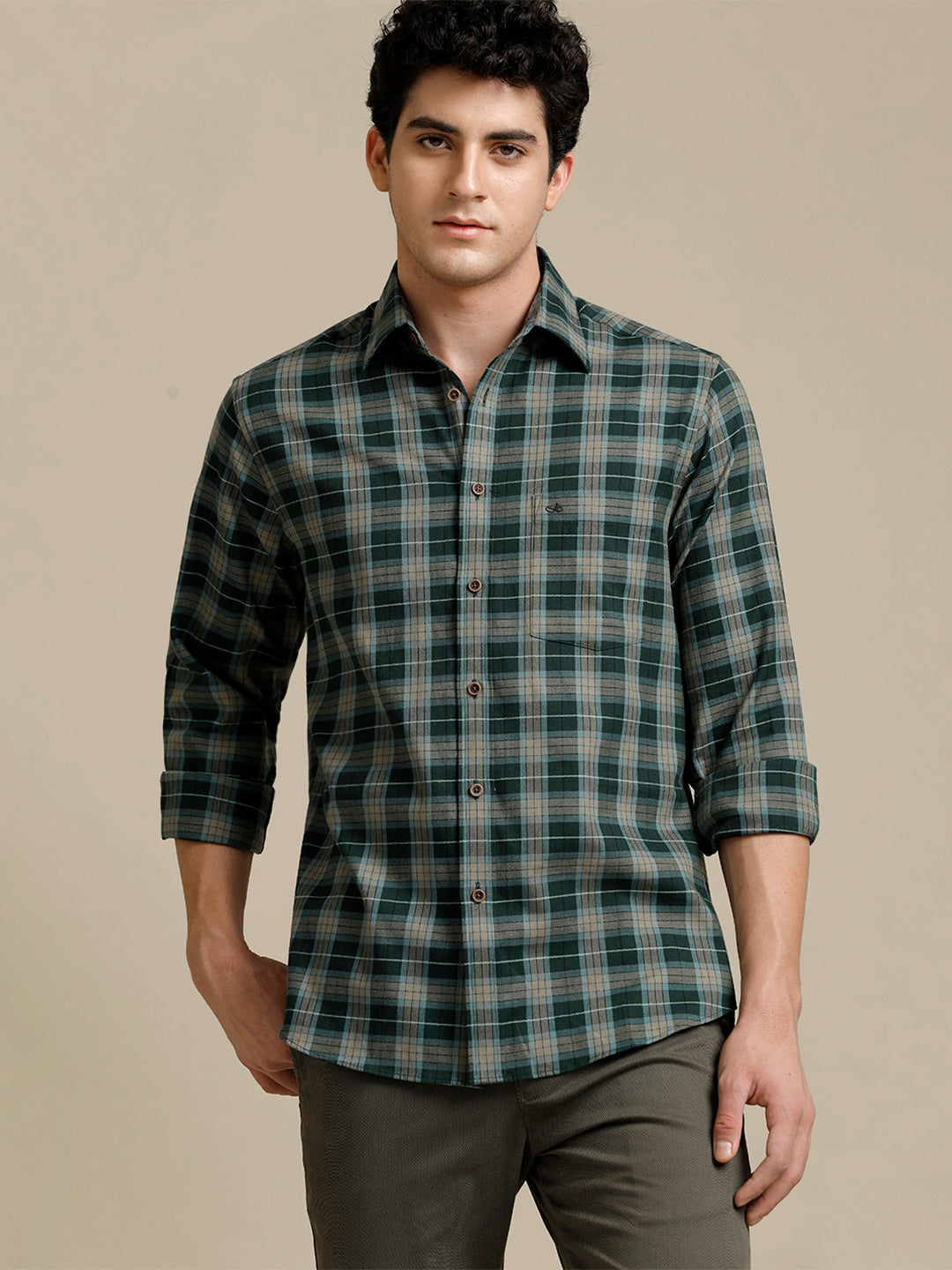 Aldeno Mens Regular Fit Check Green/Beige Casual Cotton Shirt (CHEGER)