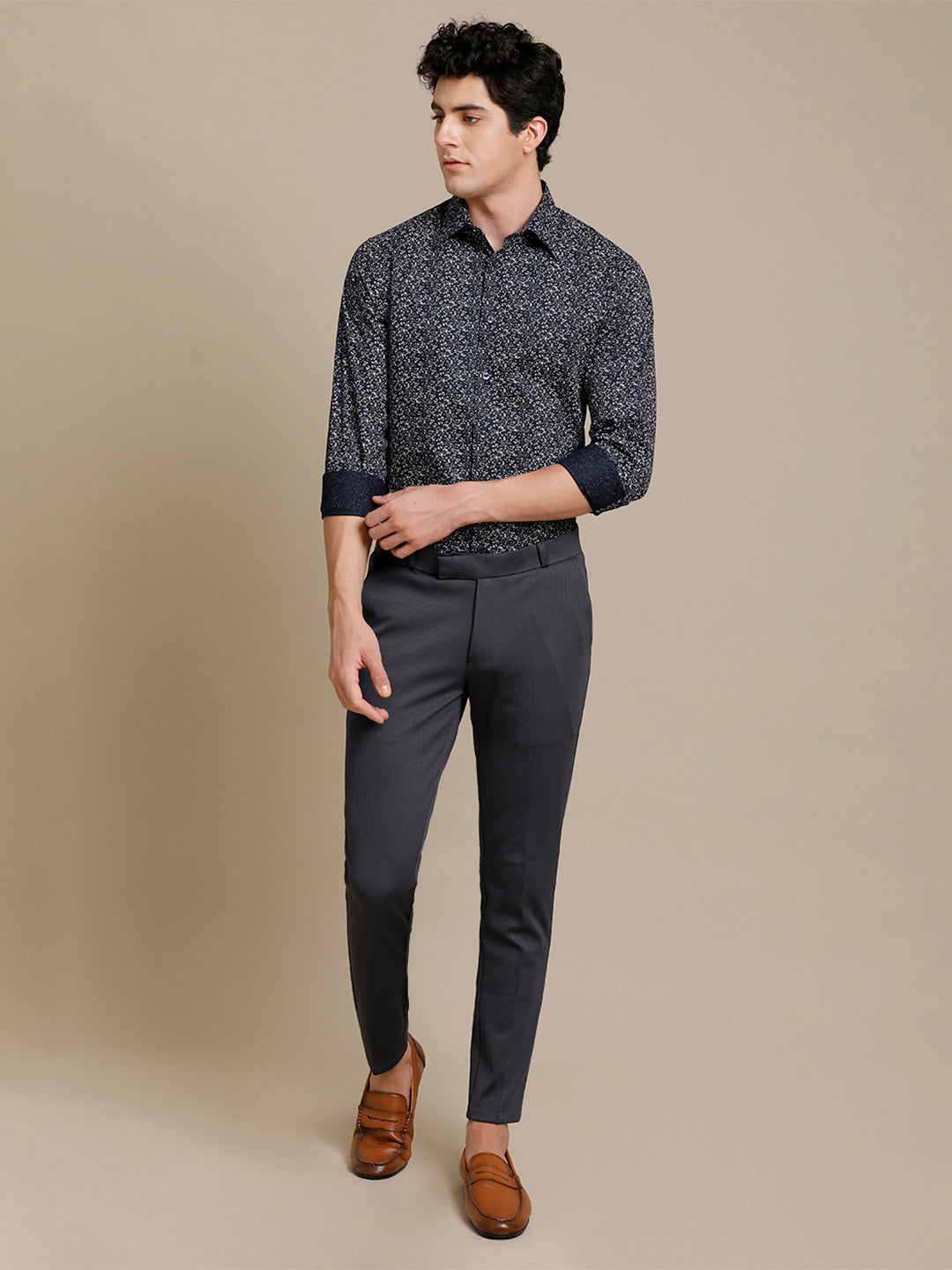 Aldeno Mens Regular Fit Abstract Dark Blue/Grey Casual Cotton Shirt (POWAT)