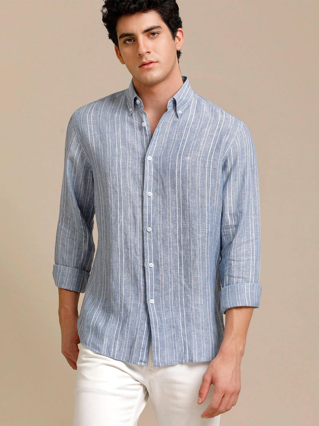 Aldeno Mens Regular Fit Blue/White Stripe Casual Linen Shirt (LABUL)