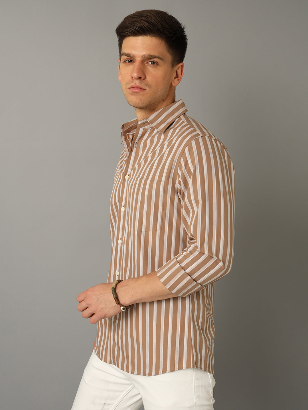 Aldeno Men Striped Casual Beige Shirt