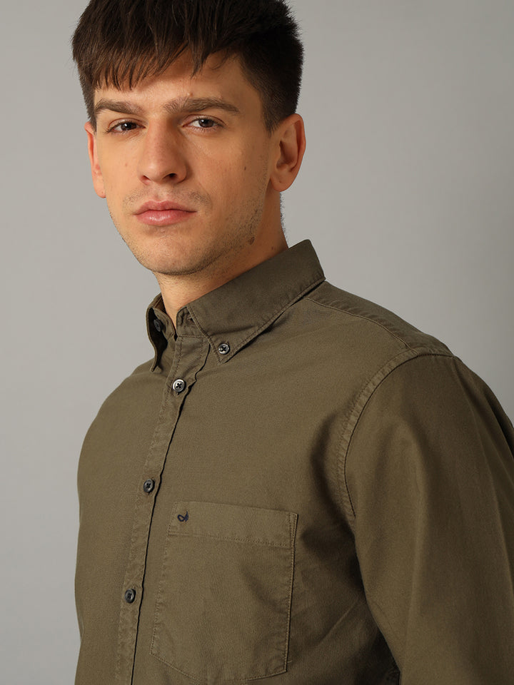 Aldeno Men Solid Casual Olive Green Shirt