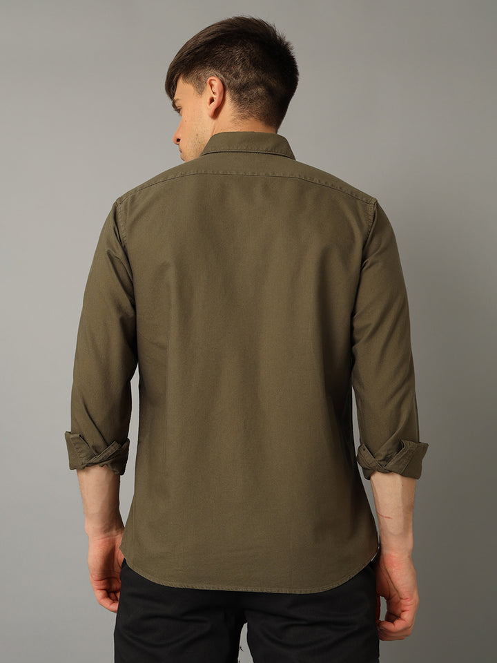 Aldeno Men Solid Casual Olive Green Shirt