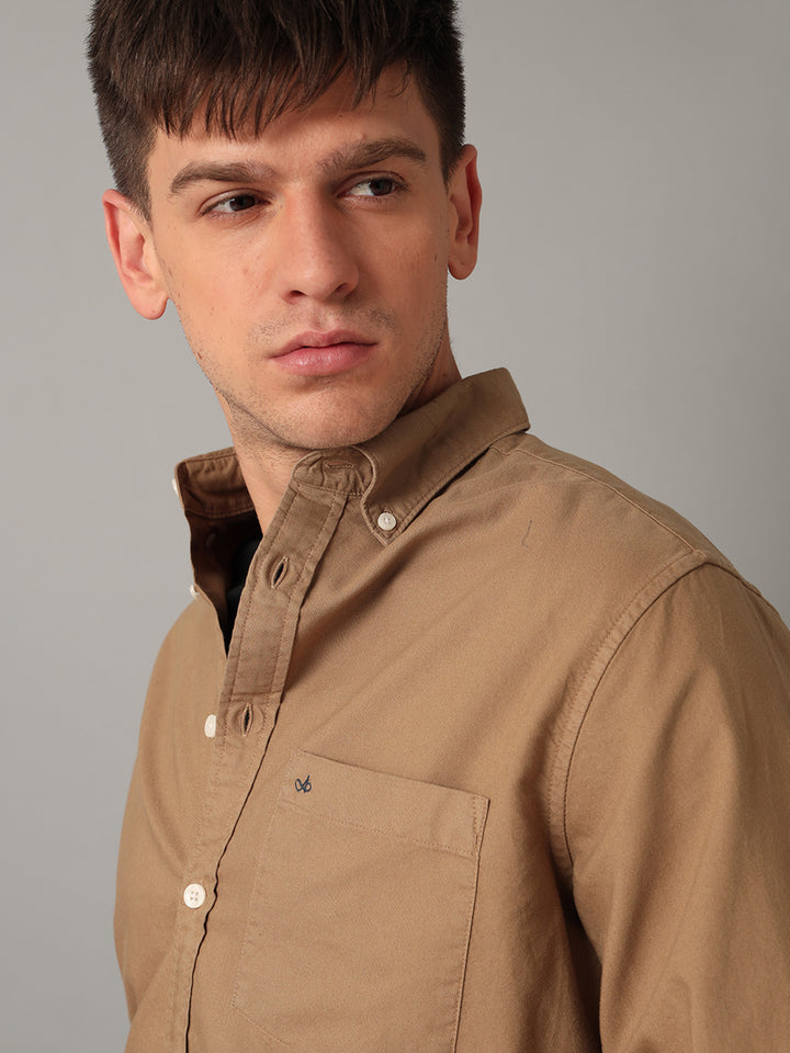 Aldeno Men Solid Casual Beige Shirt