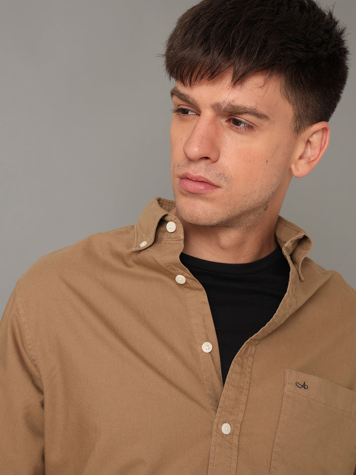 Aldeno Men Solid Casual Beige Shirt