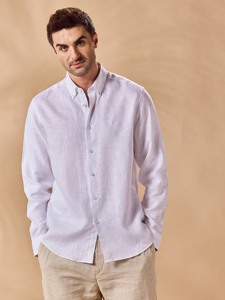 Aldeno Mens Regular Fit Solid White Casual Linen Shirt (LITE)