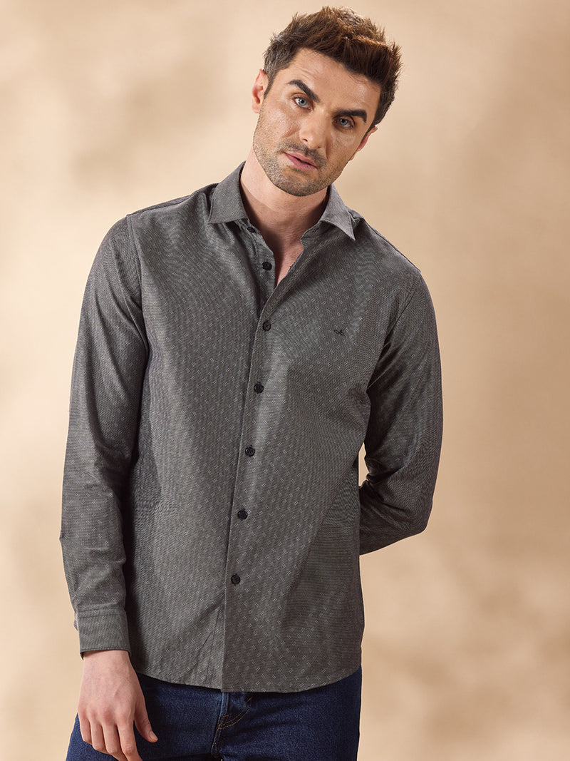Grey slim fit cotton printed casual shirt for men (CREW)