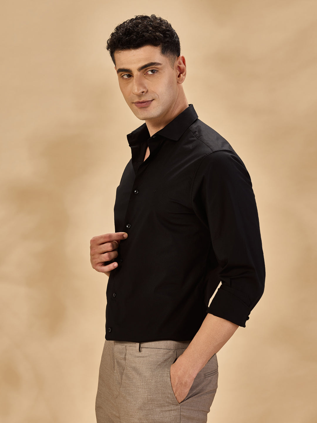 Aldeno Mens Regular Fit Solid Black Casual Satin Shirt (PAOLO)