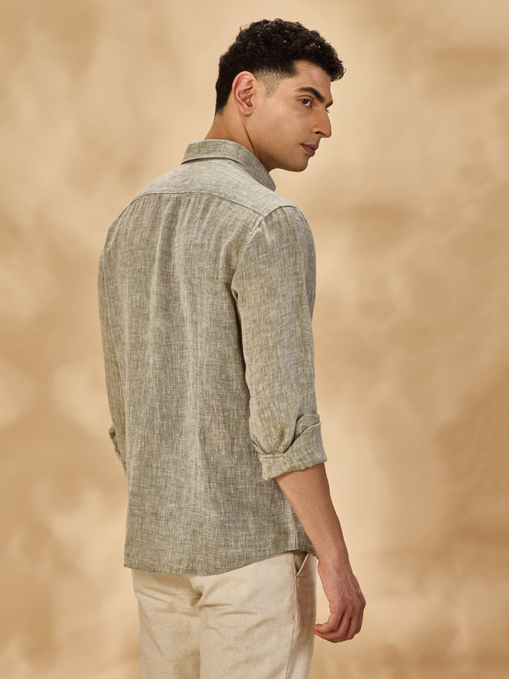 Aldeno Mens Regular Fit Solid Green Casual Linen Shirt (LOUIS)