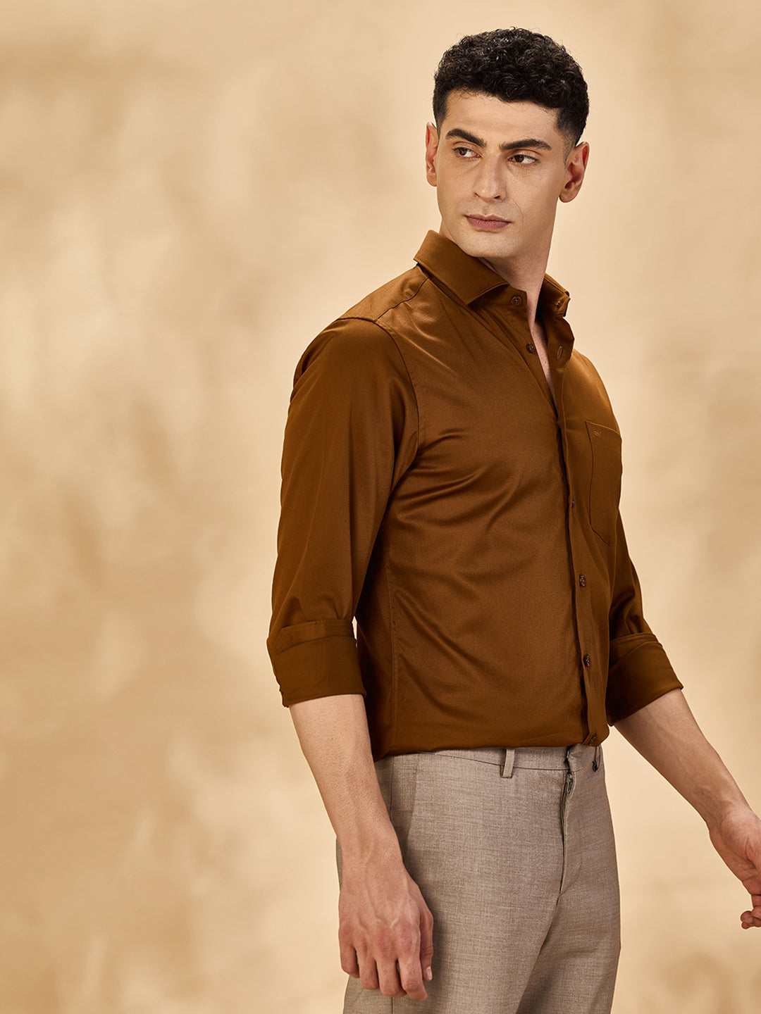 Aldeno Men Satin Stretch Formal Golden Shirt (STEVE)