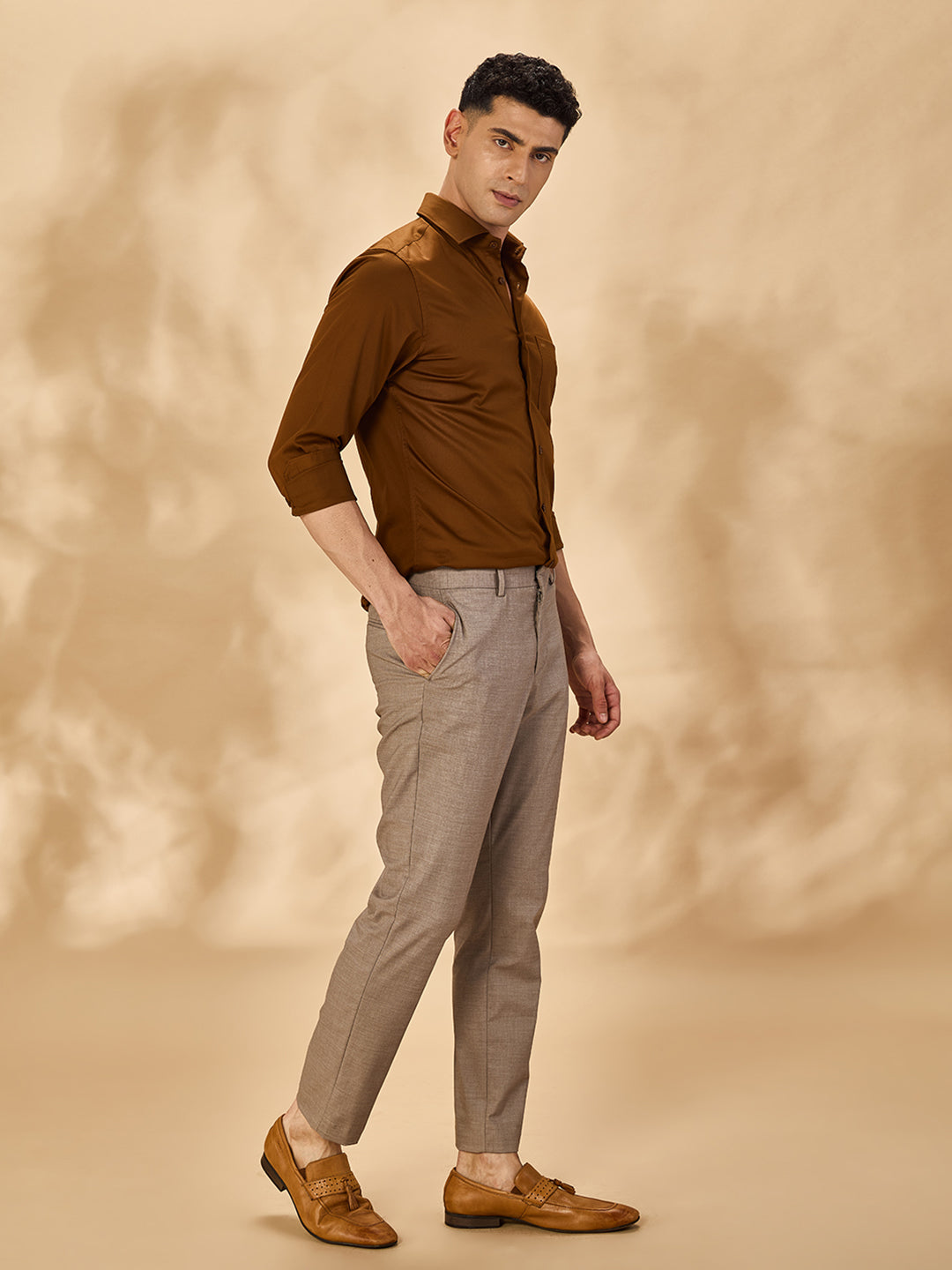 Aldeno Men Satin Stretch Formal Golden Shirt (STEVE)