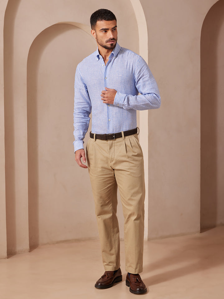 Aldeno Men Regular Fit Stripe Sky blue and white Linen Shirt (MAZE)