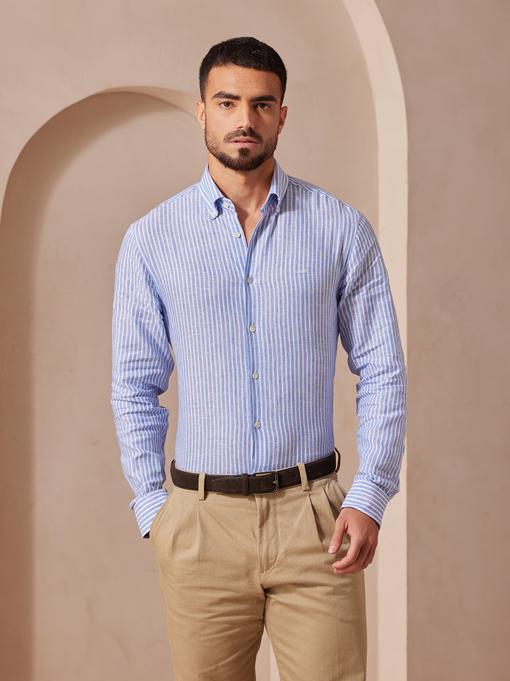 Aldeno Men Regular Fit Stripe Sky blue and white Linen Shirt (MAZE)