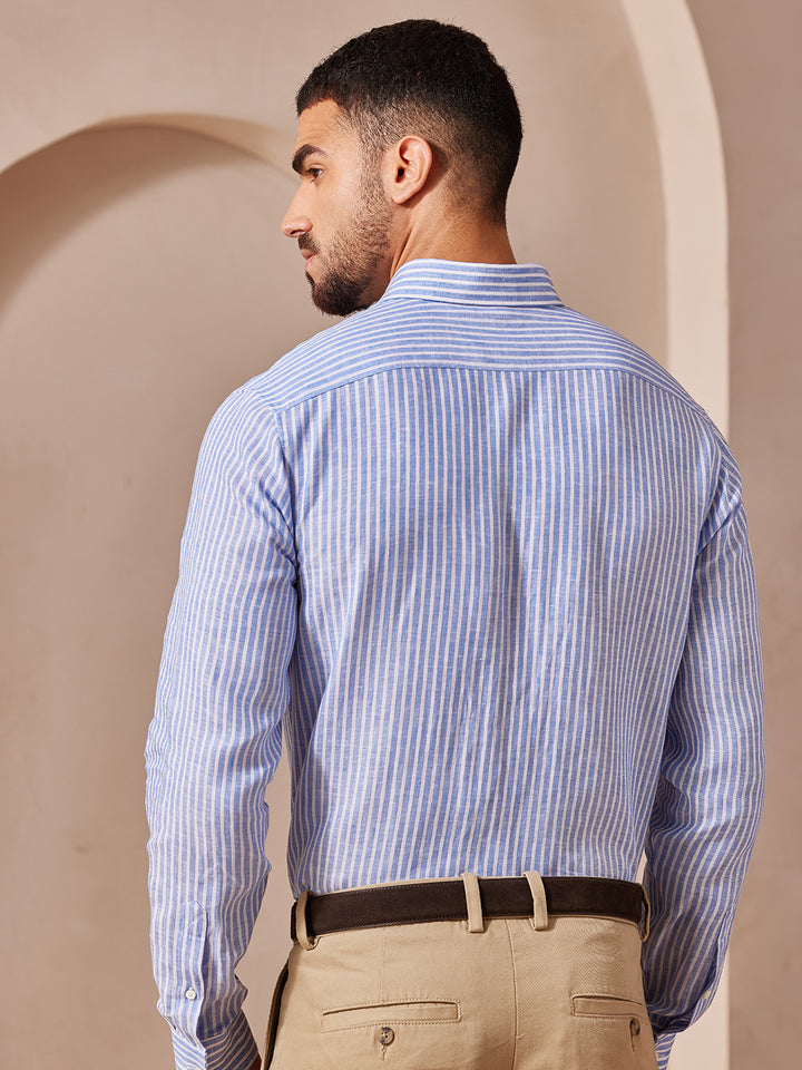 Aldeno Men Regular Fit Stripe Sky blue and white Linen Shirt (MAZE)