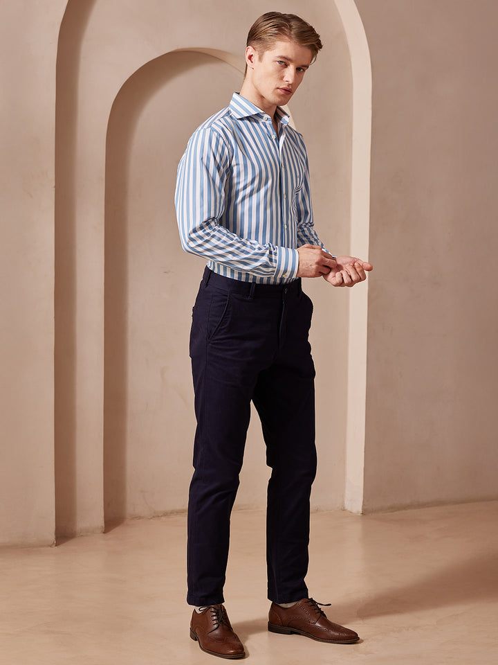 Aldeno Men Slim Fit Stripes White, blue Cotton Shirt (MORN)